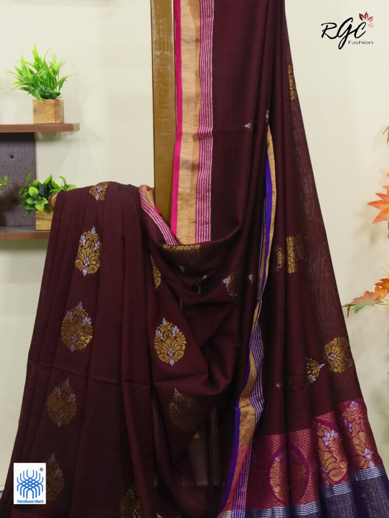 Maroon Pure Bengal Cotton Zari Benarasi Saree - Image 9