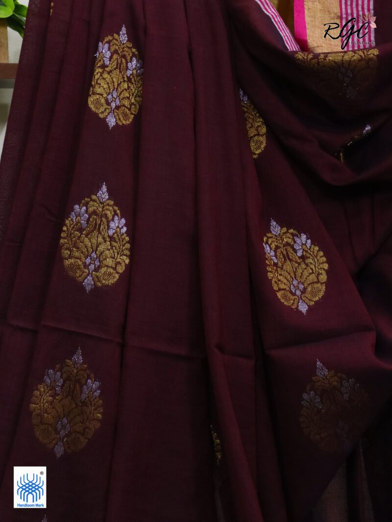 Maroon Pure Bengal Cotton Zari Benarasi Saree - Image 8