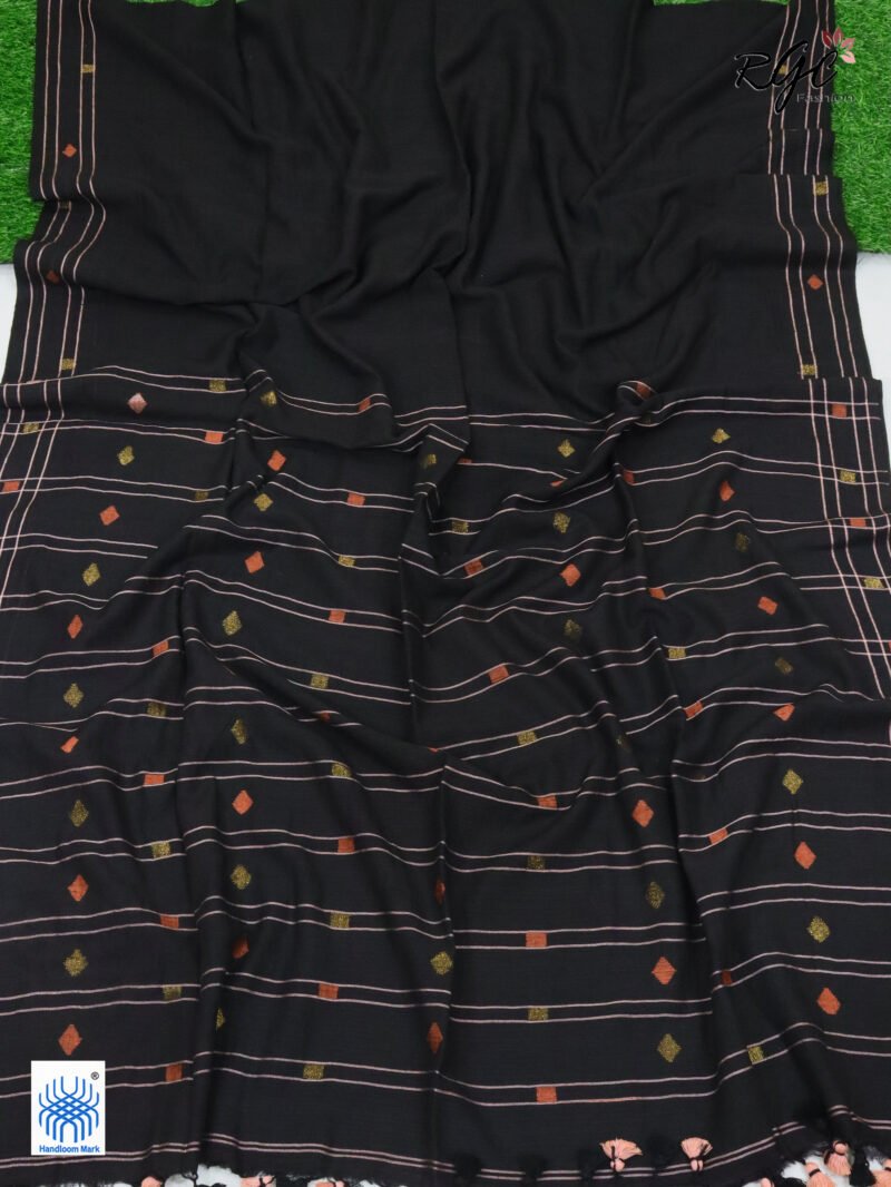 Black Pure Cotton Jamdani Saree - Image 8