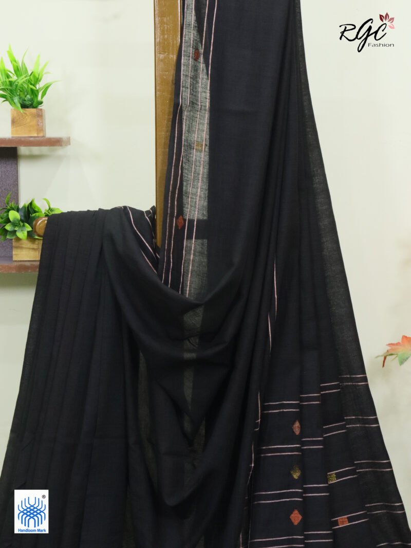 Black Pure Cotton Jamdani Saree - Image 2