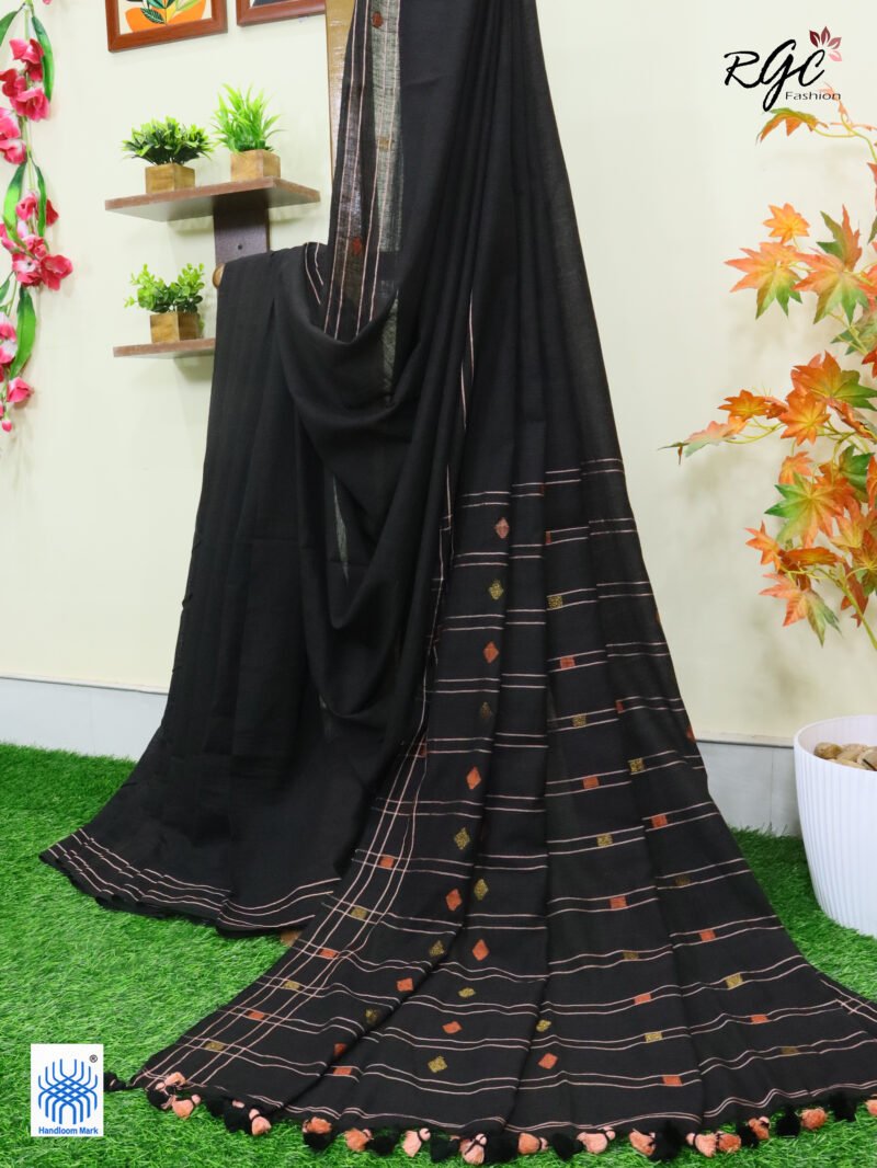 Black Pure Cotton Jamdani Saree - Image 4