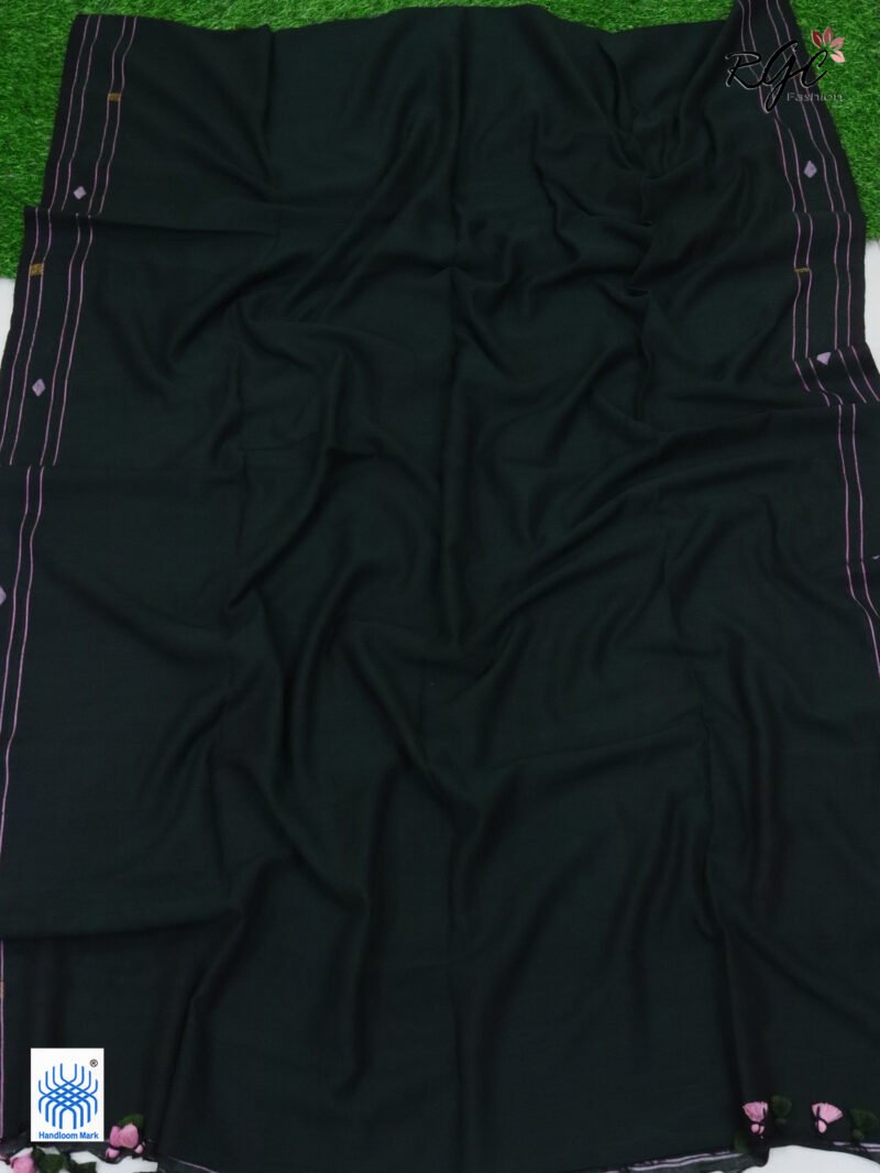 Blackish Bottle Green Pure Cotton Jamdani Saree - Image 7