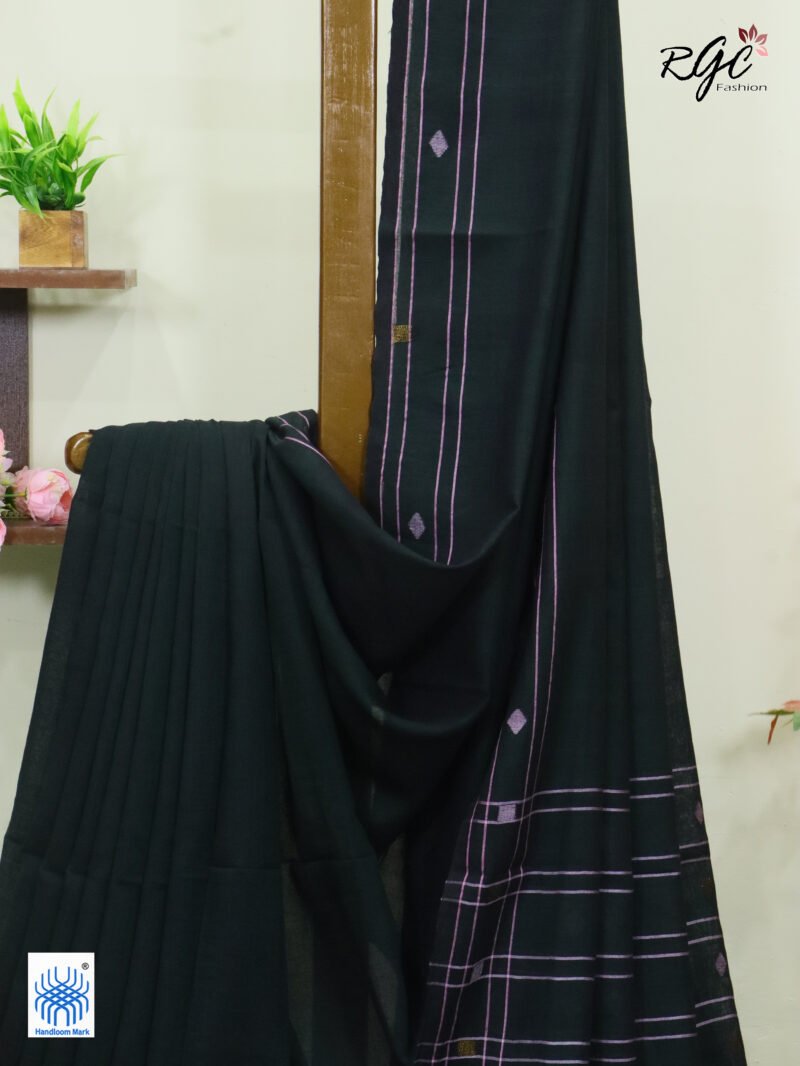 Blackish Bottle Green Pure Cotton Jamdani Saree - Image 2