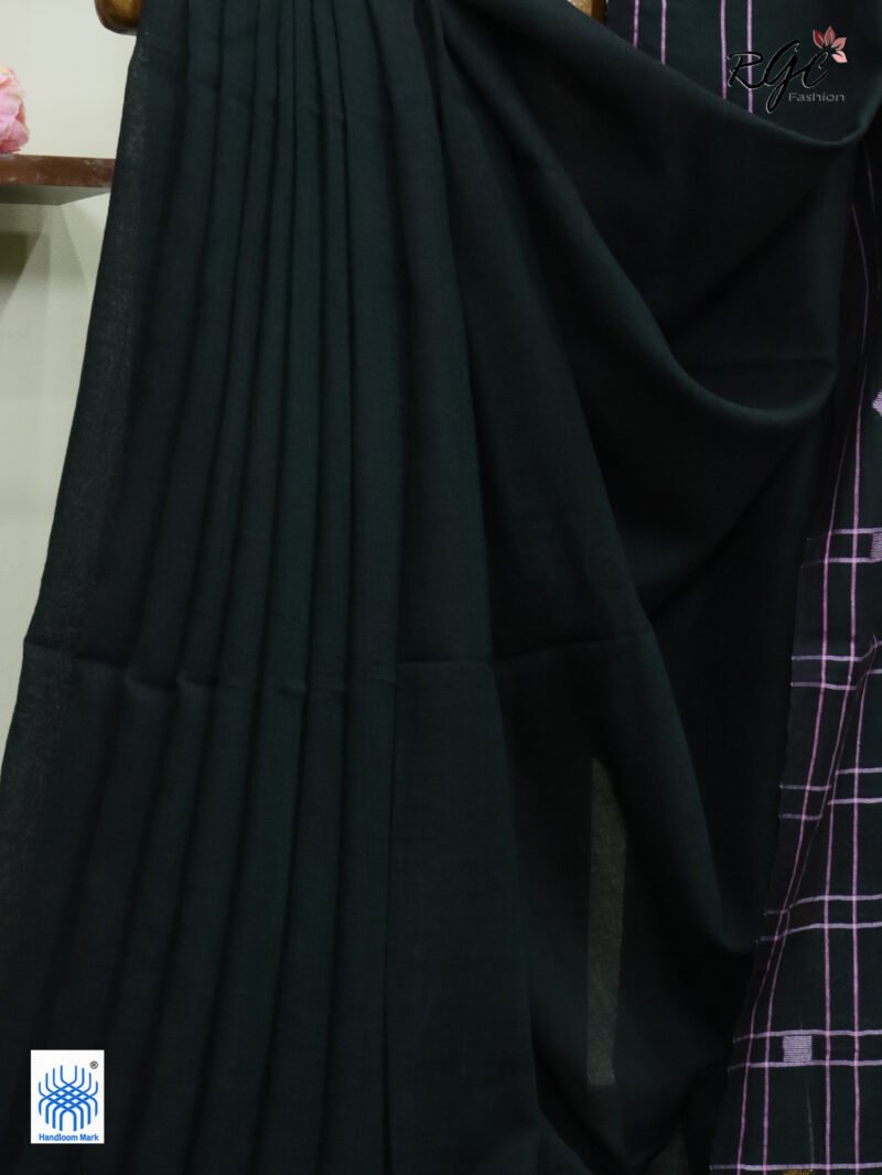Blackish Bottle Green Pure Cotton Jamdani Saree - Image 3
