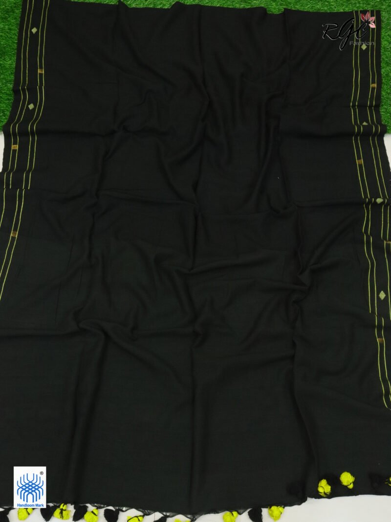 Yellow Black Pure Cotton Jamdani Saree - Image 7