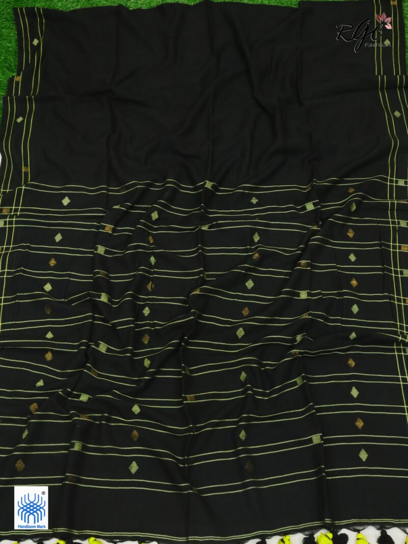 Yellow Black Pure Cotton Jamdani Saree - Image 6