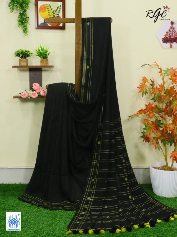Yellow Black Premium Mulmul Cotton Jamdani Saree