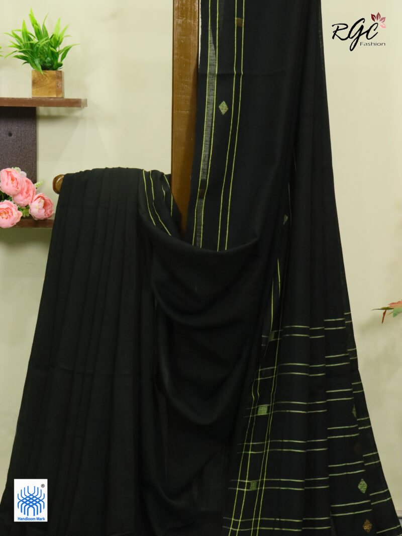 Yellow Black Pure Cotton Jamdani Saree - Image 2