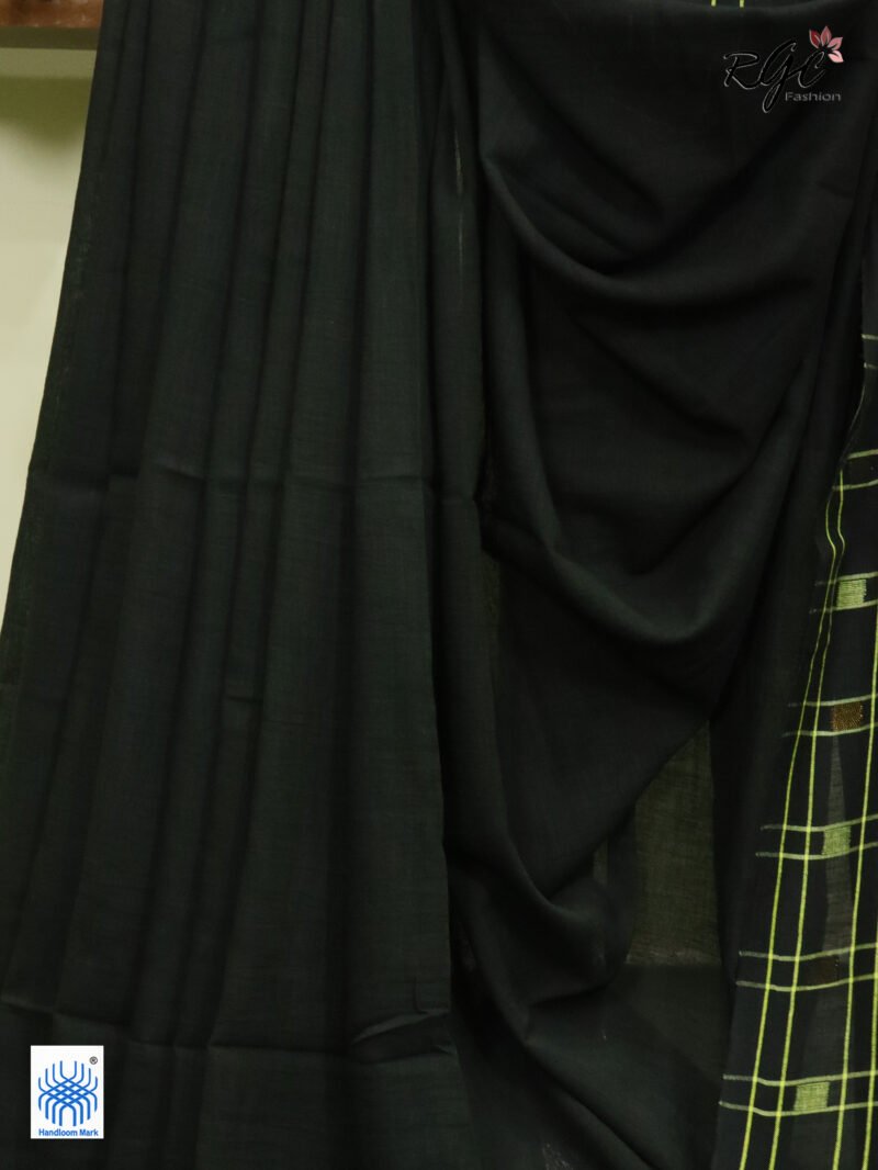 Yellow Black Pure Cotton Jamdani Saree - Image 3