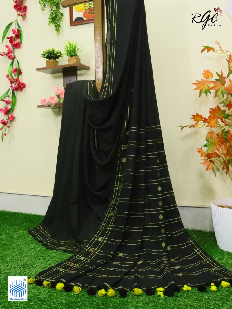 Yellow Black Pure Cotton Jamdani Saree - Image 4