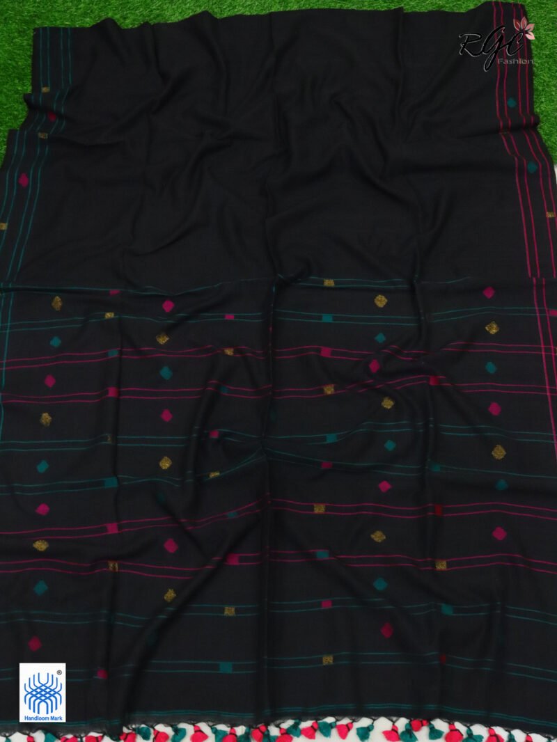 Zade Black Pure Cotton Jamdani Saree - Image 6