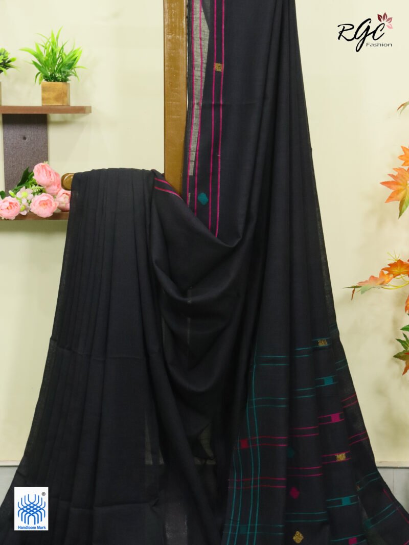 Zade Black Pure Cotton Jamdani Saree - Image 2