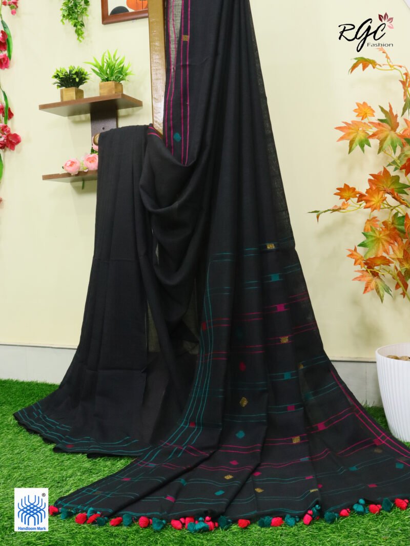 Zade Black Pure Cotton Jamdani Saree - Image 4