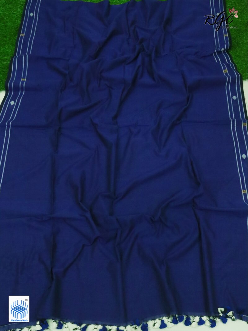 Blue Pure Cotton Jamdani Saree - Image 7