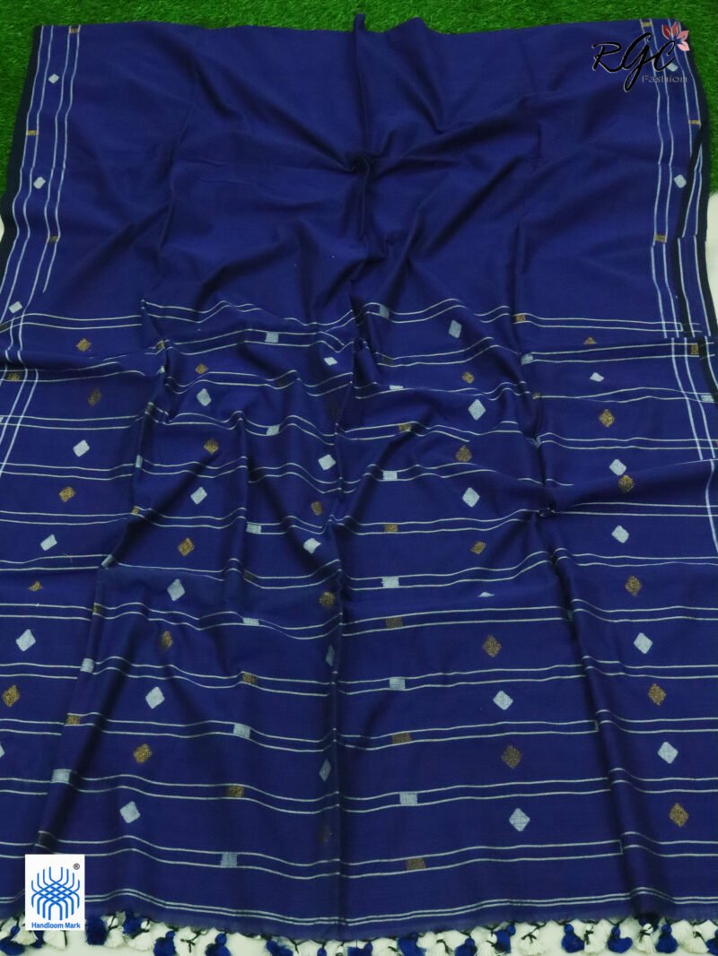 Blue Pure Cotton Jamdani Saree - Image 6