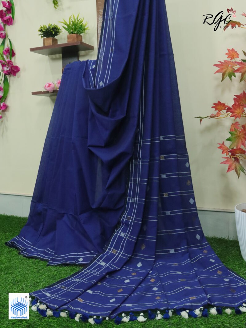 Blue Pure Cotton Jamdani Saree - Image 4