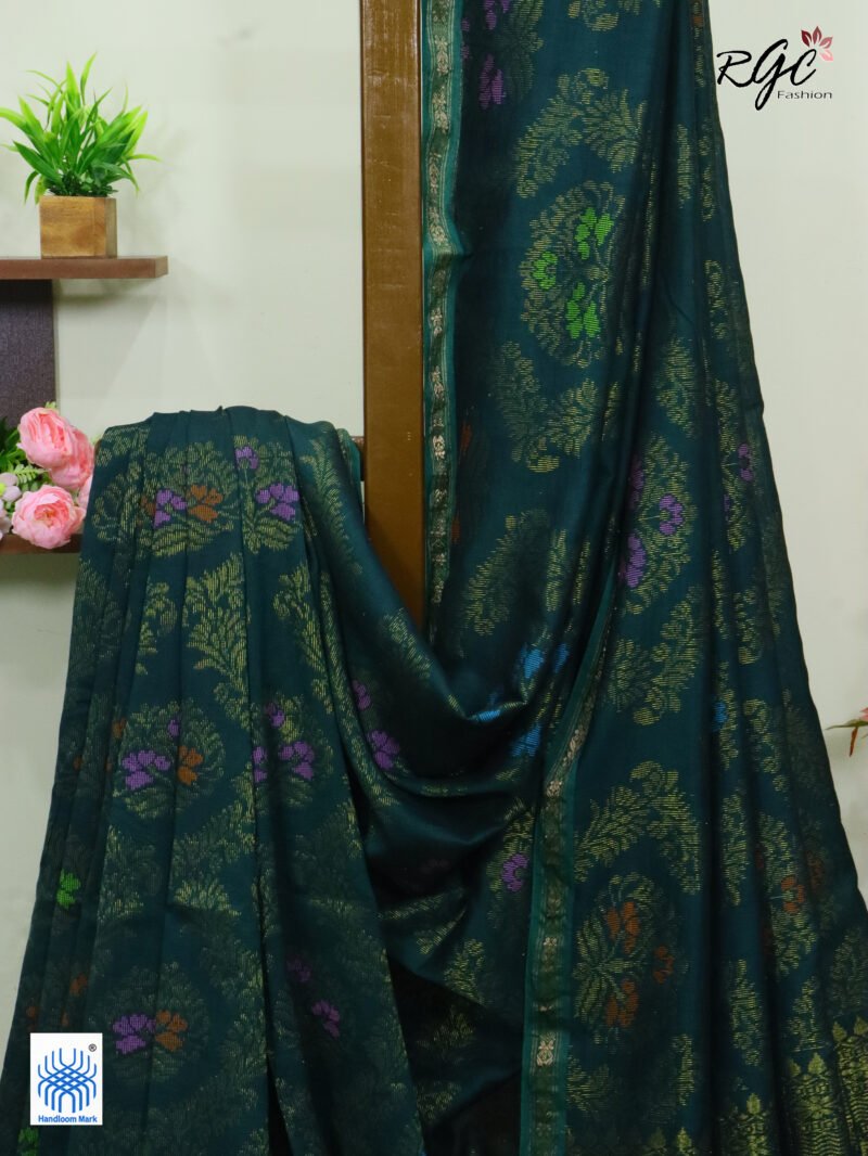 Rama Green Pure Cotton Zari Kanjivaram Saree - Image 2