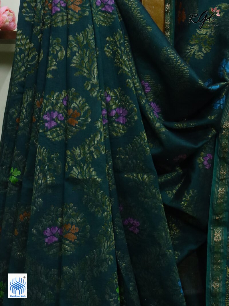 Rama Green Pure Cotton Zari Kanjivaram Saree - Image 3