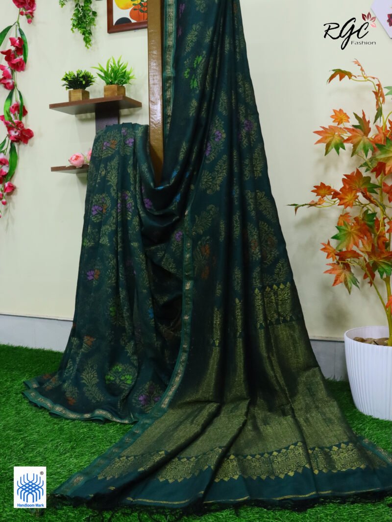 Rama Green Pure Cotton Zari Kanjivaram Saree - Image 4