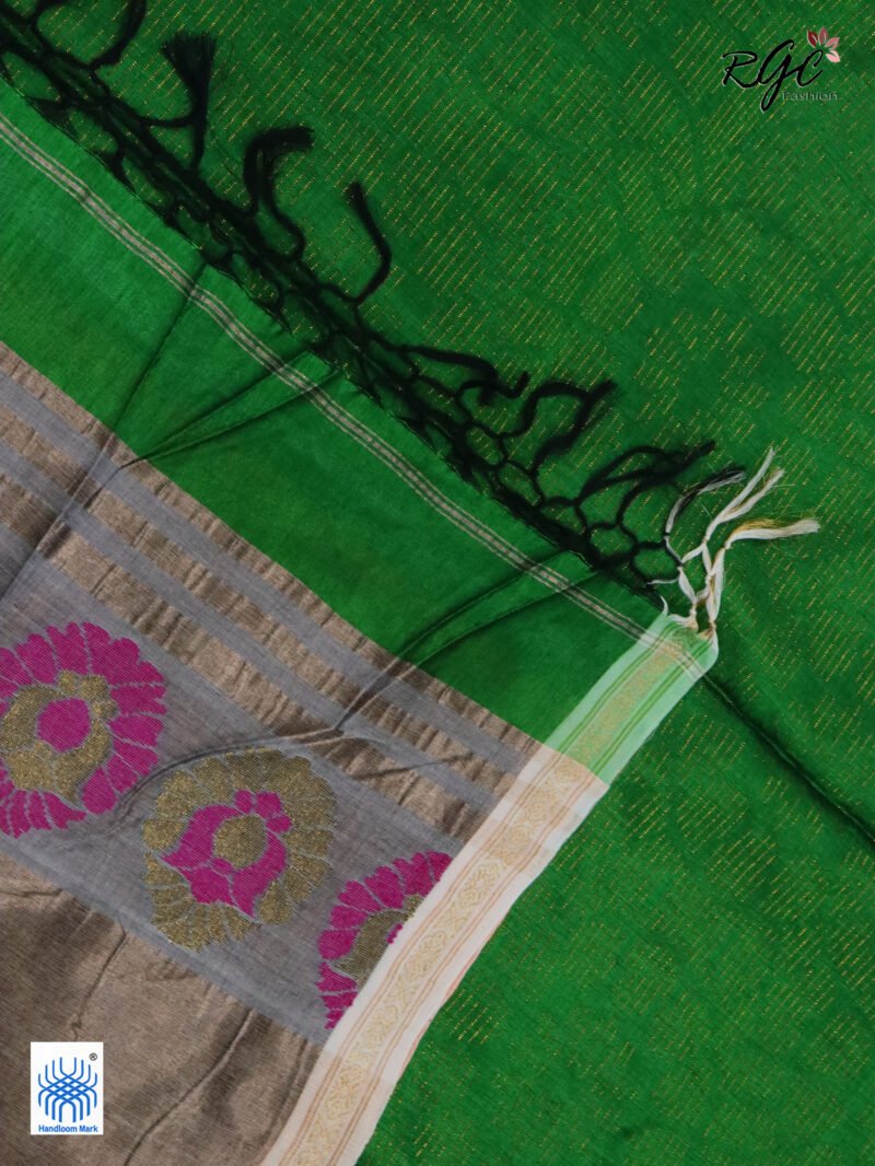 Forest Green Semi Mashru Silk Zari Allover Emboss Saree - Image 8