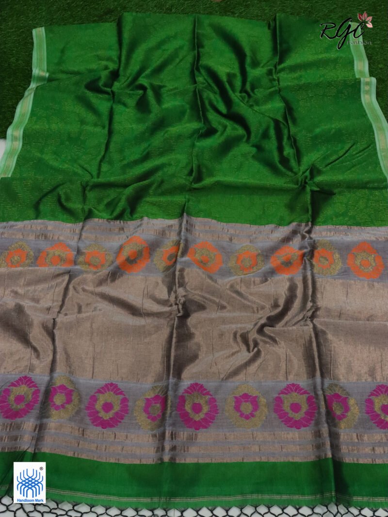 Forest Green Semi Mashru Silk Zari Allover Emboss Saree - Image 5