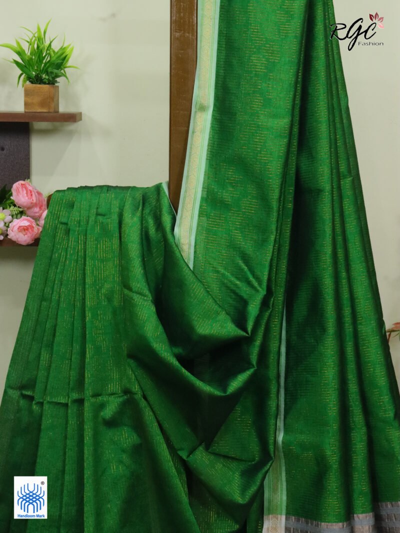 Forest Green Semi Mashru Silk Zari Allover Emboss Saree - Image 2