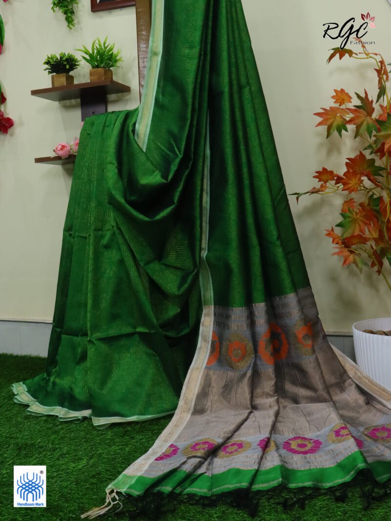 Forest Green Semi Mashru Silk Zari Allover Emboss Saree - Image 4
