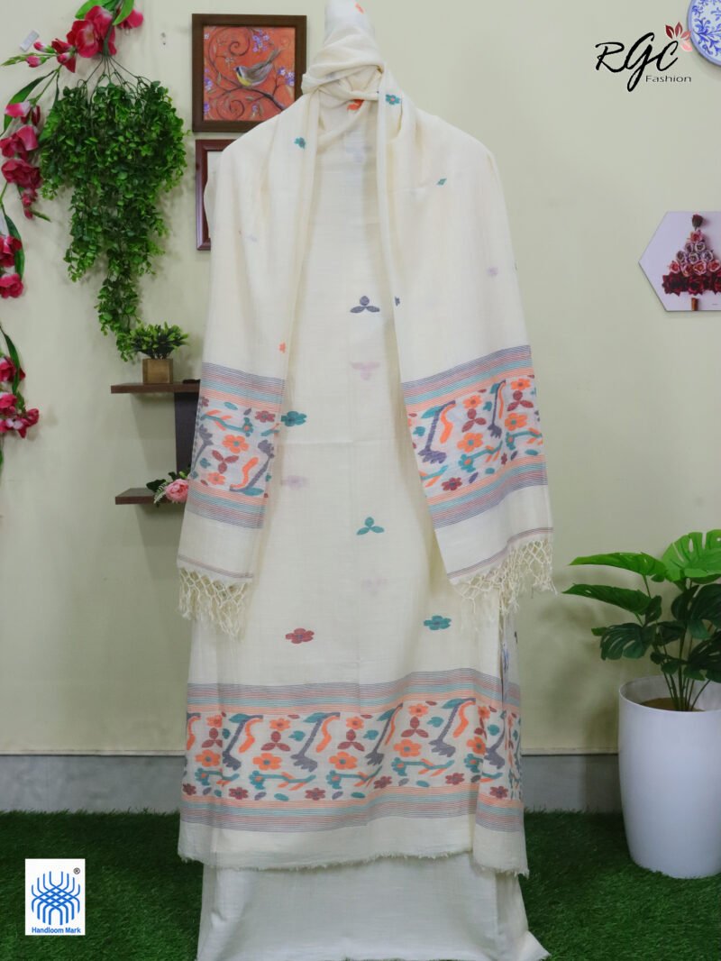 Off-White Cotton Khadi 3 Piece Suit Set - Image 6
