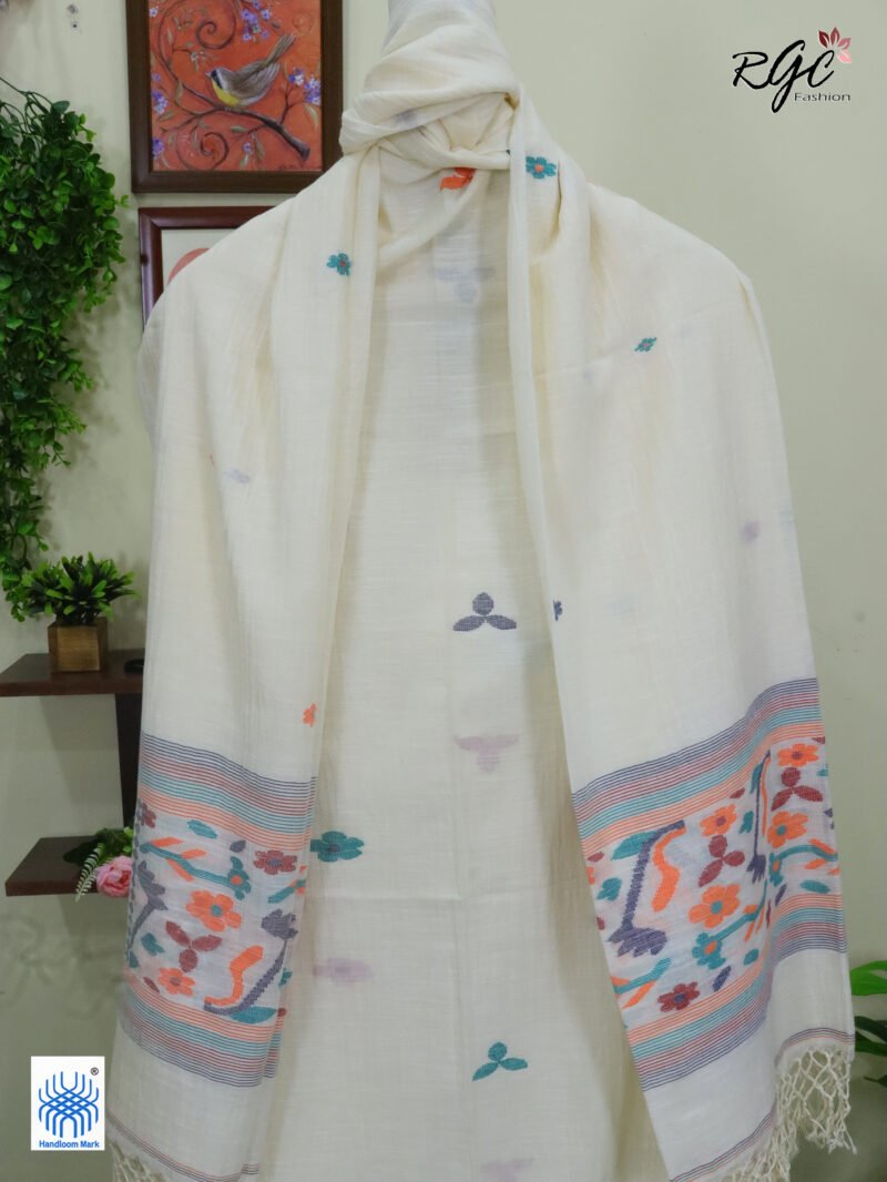 Off-White Cotton Khadi 3 Piece Suit Set - Image 5