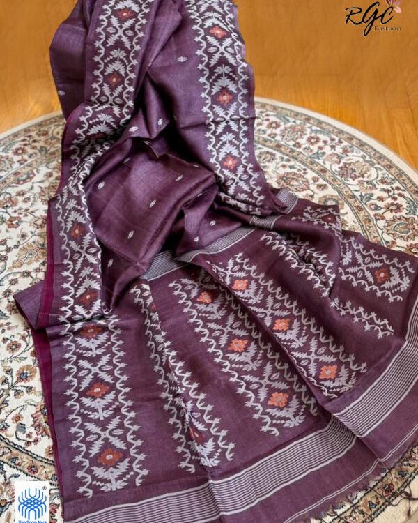 Purple Brown Pure Gachi Tussar Handloom Jamdani Saree
