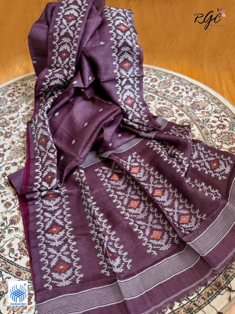 Purple Brown Pure Gachi Tussar Handloom Jamdani Saree