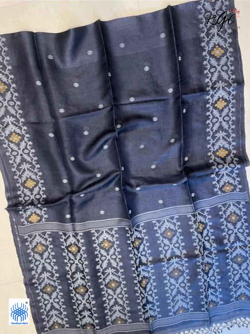 Carbon Grey Pure Gachi Tussar Handloom Jamdani Saree