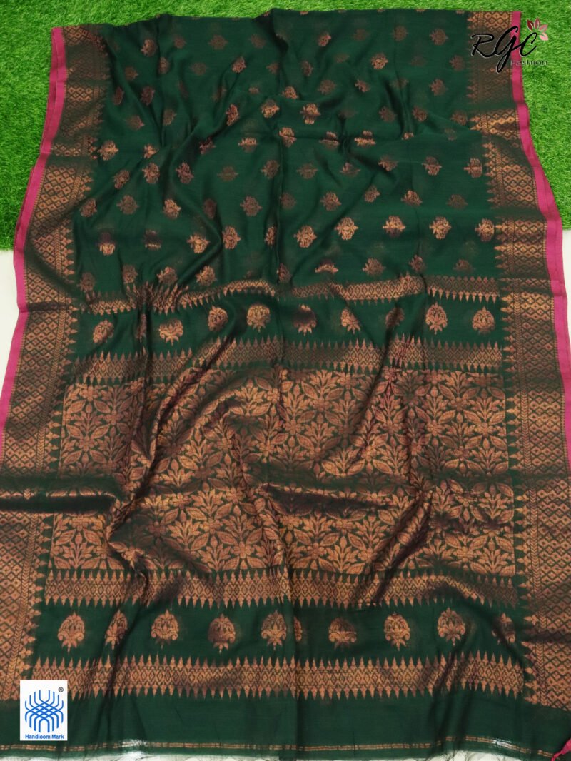 Bottle Green Copper Zari Cotton Silk Jamdani Saree - Image 2
