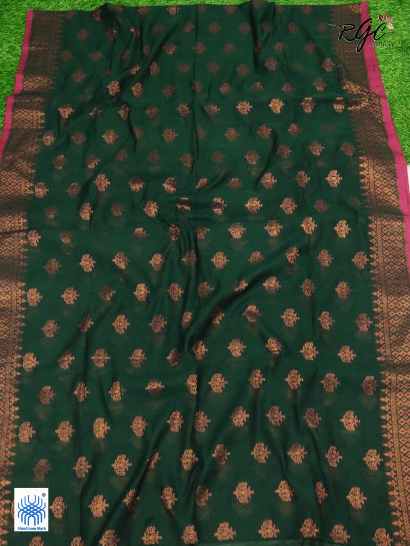 Bottle Green Copper Zari Cotton Silk Jamdani Saree - Image 3