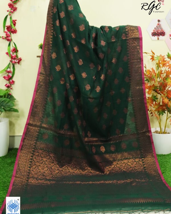 Bottle Green Copper Zari Cotton Silk Jamdani Saree