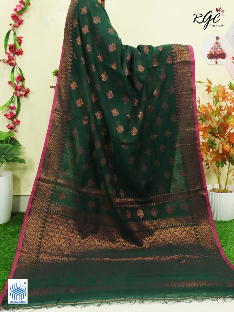 Bottle Green Copper Zari Cotton Silk Jamdani Saree