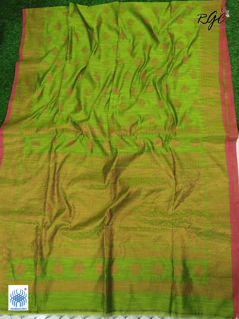 Dark Lime Copper Zari Cotton Silk Jamdani Saree - Image 2