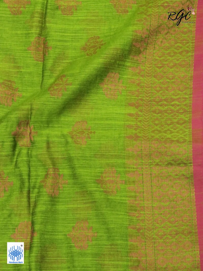 Dark Lime Copper Zari Cotton Silk Jamdani Saree - Image 3