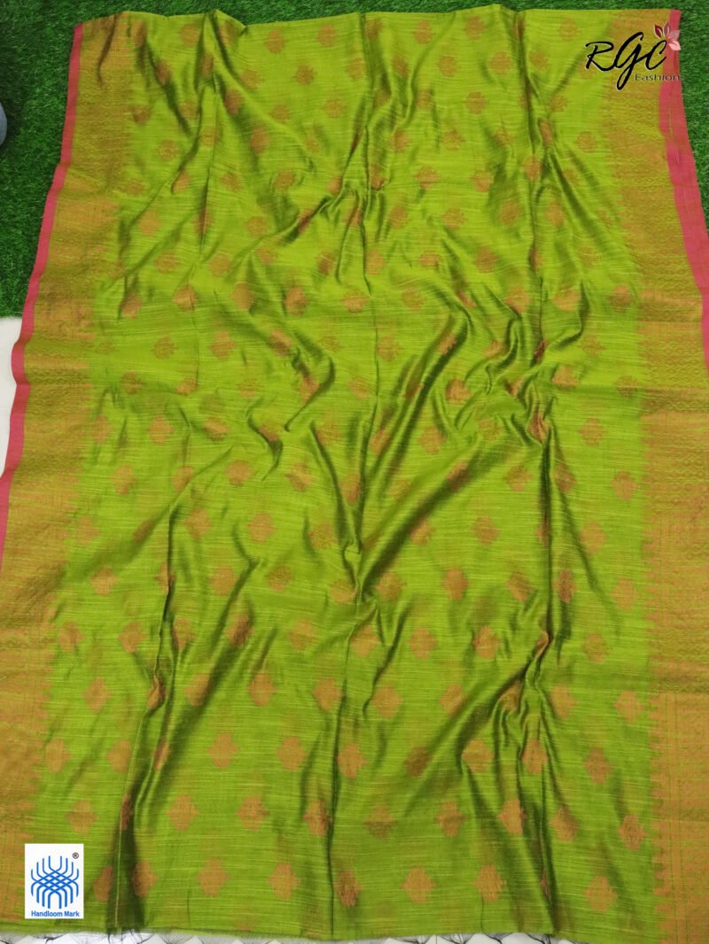 Dark Lime Copper Zari Cotton Silk Jamdani Saree - Image 4