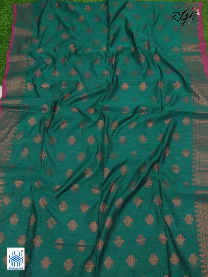 Teal Green Copper Zari Cotton Silk Jamdani Saree - Image 3