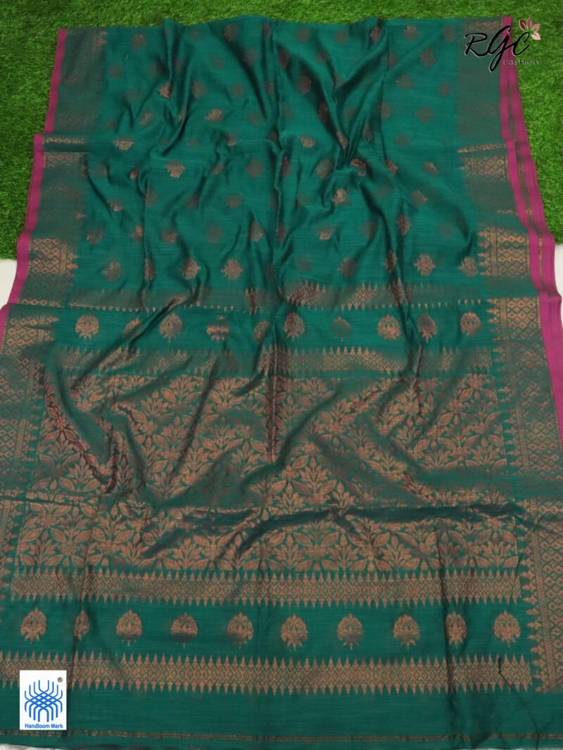 Teal Green Copper Zari Cotton Silk Jamdani Saree - Image 2