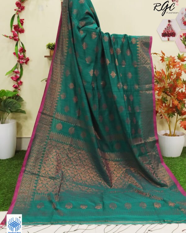 Teal Green Copper Zari Cotton Silk Jamdani Saree