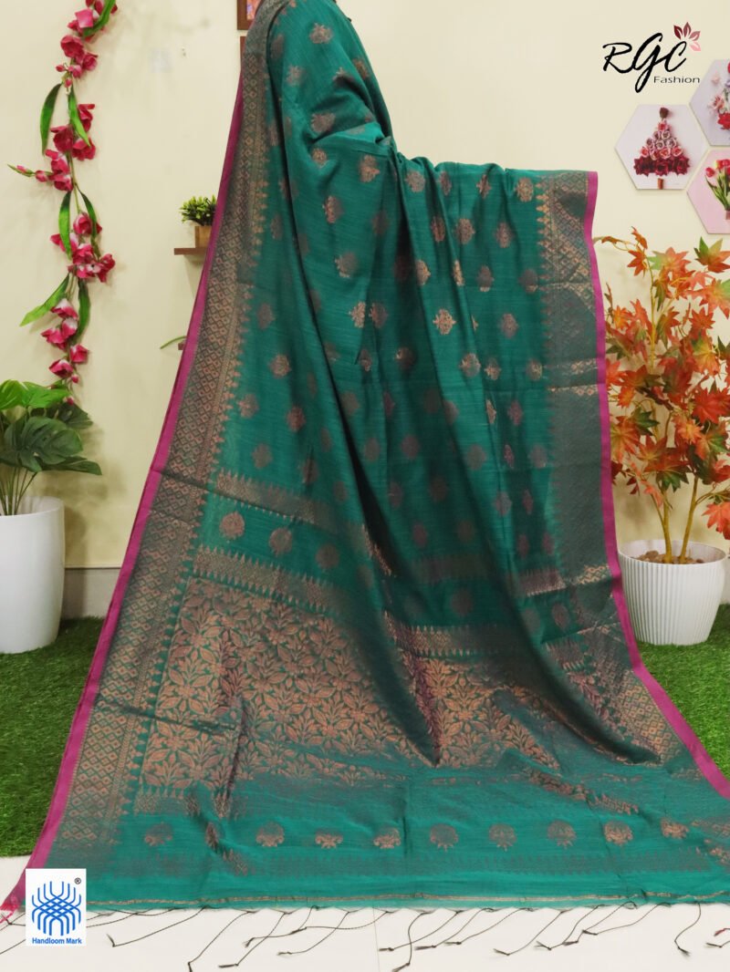 Teal Green Copper Zari Cotton Silk Jamdani Saree