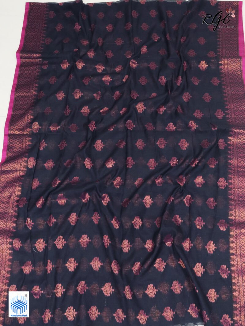 Black Copper Zari Cotton Silk Jamdani Saree - Image 3
