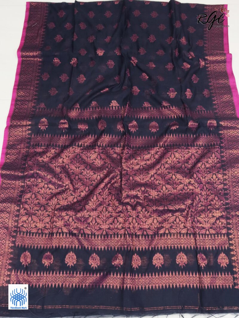 Black Copper Zari Cotton Silk Jamdani Saree - Image 2