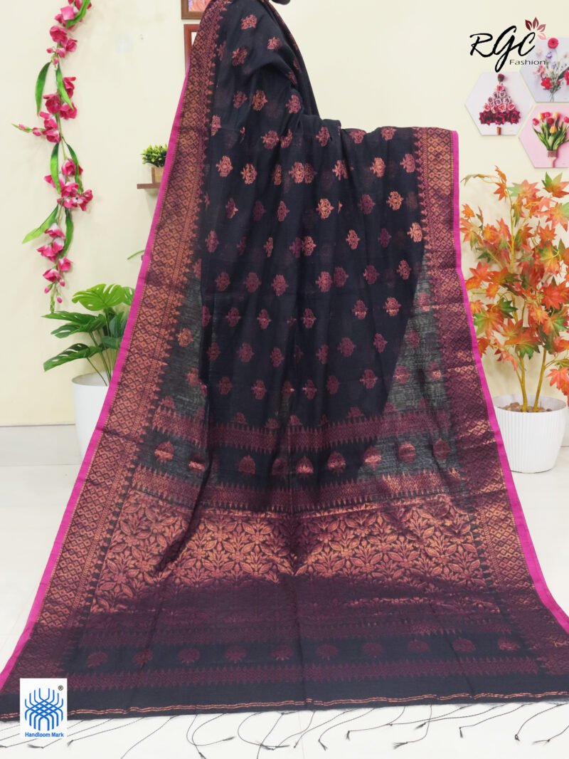 Black Copper Zari Cotton Silk Jamdani Saree