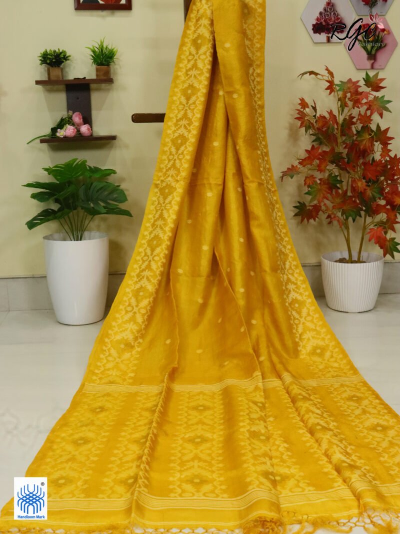 Golden Yellow Handloom Pure Gachi Tussar Jamdani Saree - Image 7