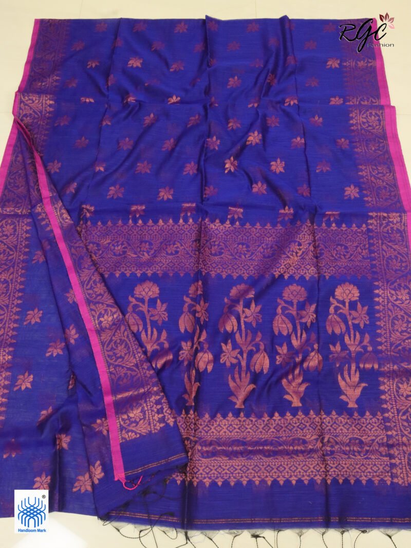 Blueberry Copper Zari Work Cotton Silk Jamdani Saree - Image 2