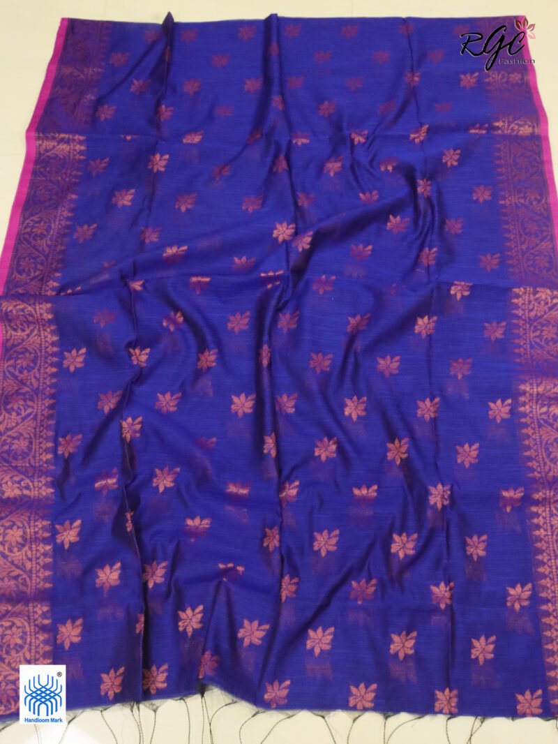 Blueberry Copper Zari Work Cotton Silk Jamdani Saree - Image 3