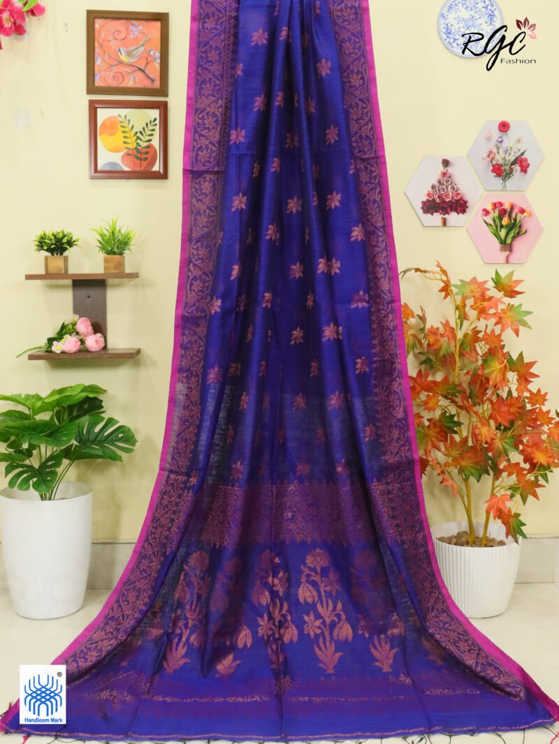 Blueberry Copper Zari Work Cotton Silk Jamdani Saree
